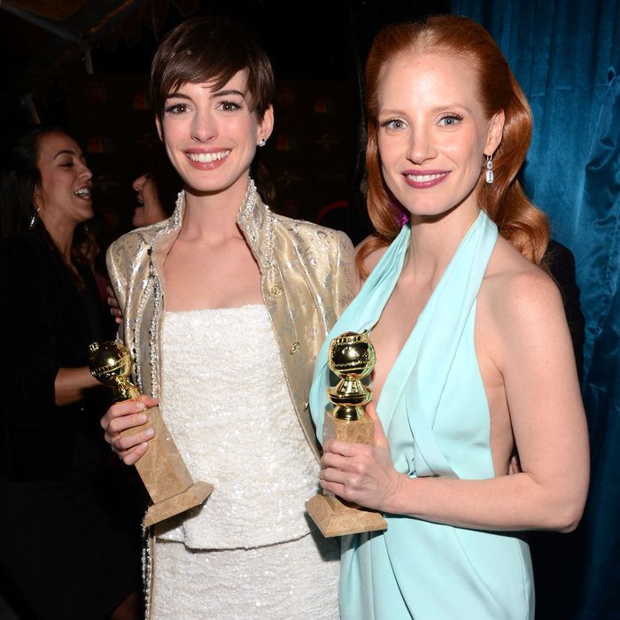 Golden Glob Award winners Anne Hathaway and Jessica Chastain attend the NBCUniversal Golden Globes viewing and after party held at The Beverly Hilton Hotel on January 13, 2013 in Beverly Hills, California.