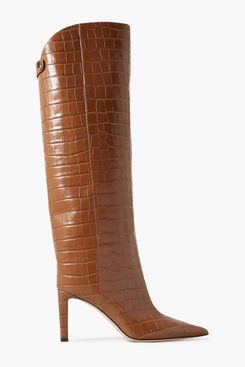 Jimmy Choo Alizze 85 Croc-effect Glossed-leather Knee Boots