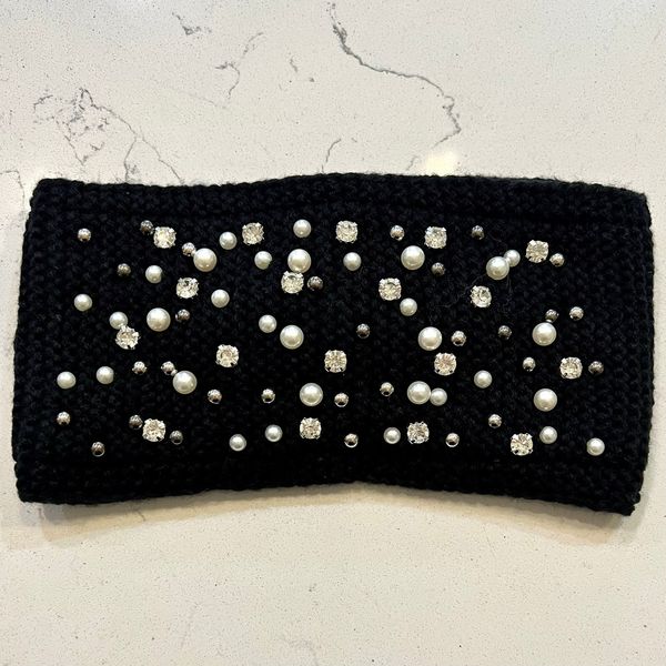GlitzItUpGifts Black Rhinestone-and-Pearls Knit Headband