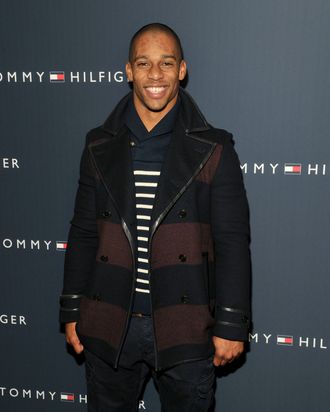 New York Giants wide receiver Victor Cruz poses backstage at the Tommy Hilfiger Presents Fall 2012 Men's Collection show during Mercedes-Benz Fashion Week at Park Avenue Armory on February 10, 2012 in New York City.