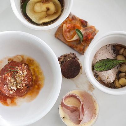 The winning plate from Missy Robbins consisting of testa (pig's head), fegato (liver), proscuitto cotto (ham and eggs), polpetti (ricotta stuffed meatballs), tortelli (bacon filled pasta), and stufato (feet and skin).