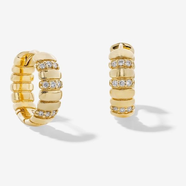 Zales 1/15 ct tw Lab-Grown Diamond Striated Hoop Earrings in 10K Gold