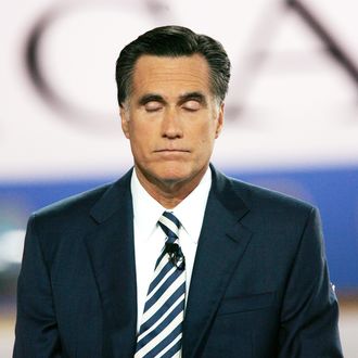 Former Massachusetts governor Mitt Romney shuts his eyes during the CNN/LA Times/Politico GOP Presidential Candidates’ Republican Debate at the Ronald Reagan Presidential Library January 30, 2008 in Simi Valley, California.