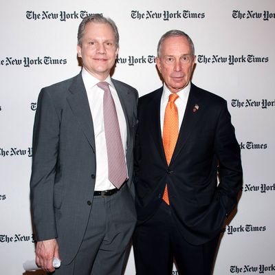 The New York Times publisher Arthur O. Sulzberger, Jr. (L) and New York City mayor Michael R. Bloomberg attend the 2013 Energy For Tomorrow Conference at The Times Center on April 25, 2013 in New York City. 