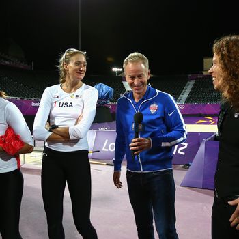 Kerri Walsh Jennings and Misty May-Treanor of the United States are interviewd by John McEnroe and Shaun White after the Women's Beach Volleyball Preliminary match between United States and Czech Republic on Day 3 of the London 2012 Olympic Games