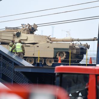 An Abrams tank being delivered to the Baltics.