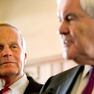 U.S. Rep. Todd Akin (R-MO) and former Speaker of the House Newt Gingrich (R) address the press on September 24, 2012 in Kirkwood, Missouri. Gingrich was in the St. Louis area to attend a fundraiser for Akin's U.S. Senate campaign against incumbent Claire McCaskill. 