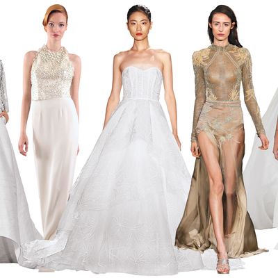 Wedding gowns featuring 3-D-printed florals, exposed corsets, mock necks, and more.