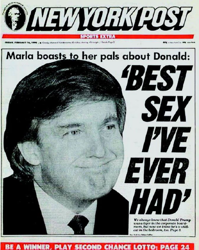 A New York Post cover from 1990 with a photo of Trump and the quote "Best Sex I've Ever Had."