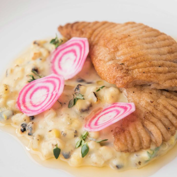 Skate with corn chowder and pickled candy-cane beets.