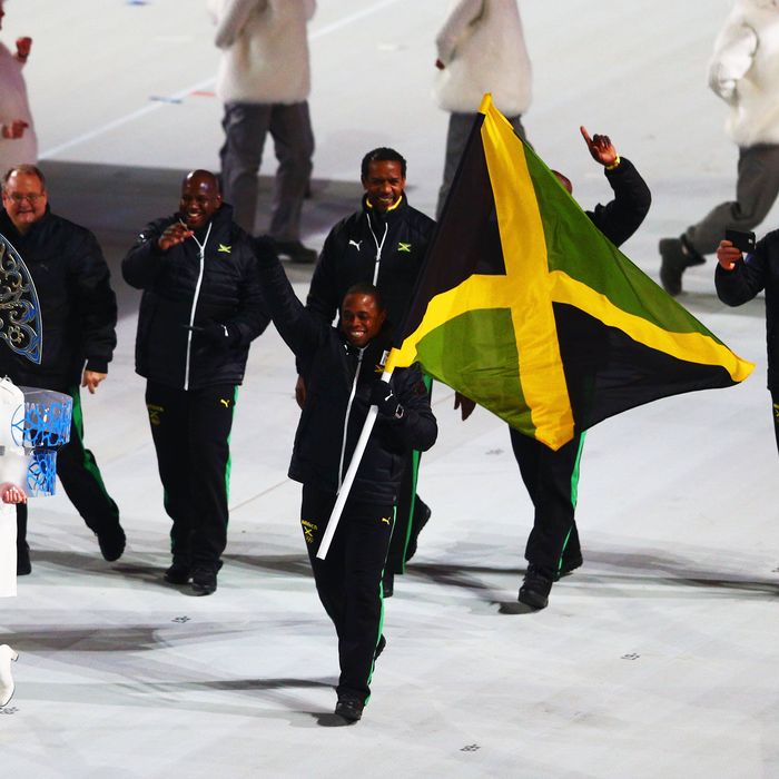 Bobsleigh racer Marvin Dixon of the Jamaica Olympic team carries his country's flag during the Opening Ceremony of the Sochi 2014 Winter Olympics at Fisht Olympic Stadium on February 7, 2014 in Sochi, Russia. 