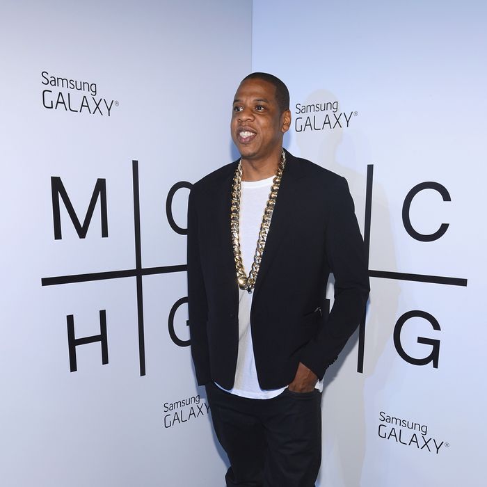 JAY Z attends JAY Z and Samsung Mobile's celebration of the Magna Carta Holy Grail album, available now through a customized app in Google Play and Samsung Apps exclusively for Samsung Galaxy S 4, Galaxy S III and Note II users on July 3, 2013 in Brooklyn City. 