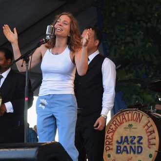 NEW ORLEANS, LA - MAY 06: Ani DiFranco sits in with The Preservation Hall Jazz Band during there 50th. Annversary performance at the 2012 New Orleans Jazz & Heritage Festival Day 7 at the Fair Grounds Race Course on May 6, 2012 in New Orleans, Louisiana. (Photo by Rick Diamond/Getty Images)