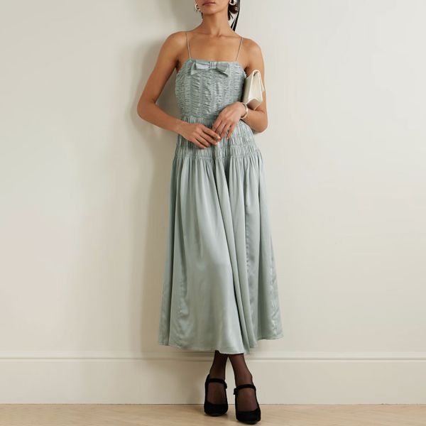 Doen Ambrosia Bow-detailed Shirred Silk-satin Midi Dress