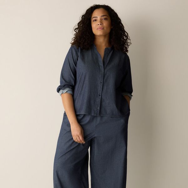 Eileen Fisher Airy Organic Cotton Twill Band Collar Shirt
