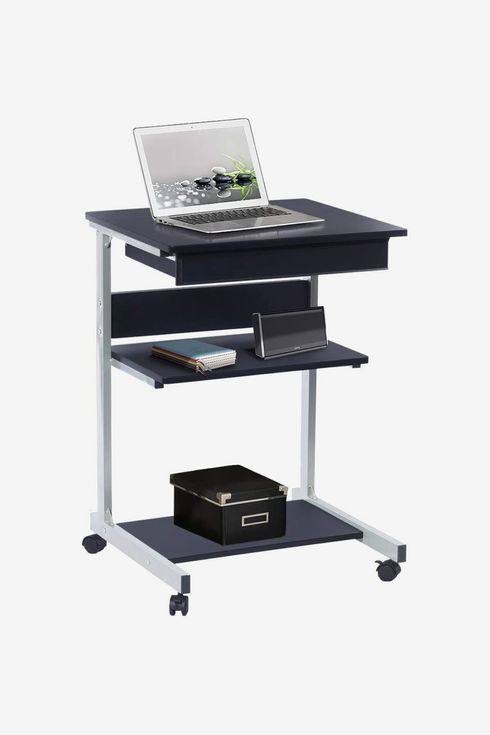 Black Finish Wood Laptop Rolling Desk Mobile Portable Cart Table Computer Stand 