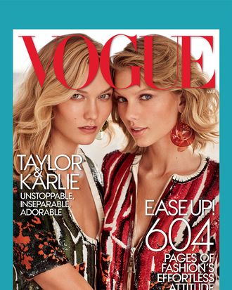 A <em>Vogue</em> cover, with two friends on it named Karlie Kloss and Taylor Swift.