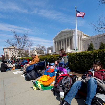  People line up outside the U.S. Supreme Court to get a chance to sit in the public gallery days ahead of oral arguments on two landmark gay rights cases. The Court is hearing arguments March 26 and 27 on cases weighing the legality of California's Proposition 8 and the Defense of Marriage Act. People began lining up Thursday night