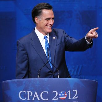 Republican presidential candidate and former Mass Gov. Mitt Romney speaks during an address to the 39th Conservative Political Action Committee February 10, 2012 in Washington, DC. 