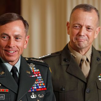WASHINGTON, DC - APRIL 28: U.S. Army Gen. David Petraeus (L) and Marine Corps Gen. John Allen smile after President Barack Obama announced that he will nominate Allen to succeed Petraeus and Petreaus to succeed Leon Panetta as director of the CIA in the East Room of the White House April 28, 2011 in Washington, DC. Obama also announced that he has tapped current CIA Director Leon Panetta to succeed Robert Gates at the department of defense, and Ambassador Ryan Crocker to be the next U.S. ambassador to Afghanistan. (Photo by Chip Somodevilla/Getty Images) *** Local Caption *** David Petraeus;John Allen;