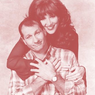 Promotional portrait of actors Ed O'Neill and Katey Sagal for the television series 'Married with Children,' 1993. 