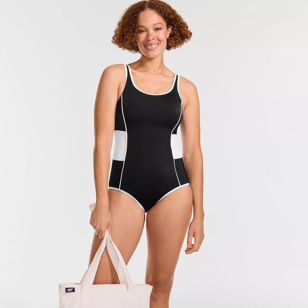 Lands’ End Tugless Scoop Neck Colorblock Low Leg One-Piece