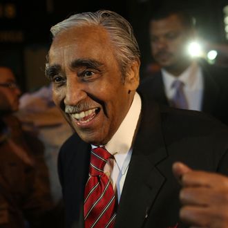 NEW YORK, NY - JUNE 26: Congressman Charles Rangel arrives to supporters at his campaign headquarters after polls have closed in his race for the Democratic primary challenge in New York's 15th congressional district on June 26, 2012 in New York City. After a more than four-decades-long congressional career, Rangel fought for the Democratic nomination in a newly re-drawn congressional district that is no longer dominated by African Americans. The 82-year-old Rangel was locked in a race Tuesday for the nomination in his Harlem-area district with New York state Sen. Adriano Espaillat. Espaillat, a 57-year-old Dominican-American, has shown growing popularity in a district that now has more Latino-Americans than African-Americans. (Photo by Spencer Platt/Getty Images)