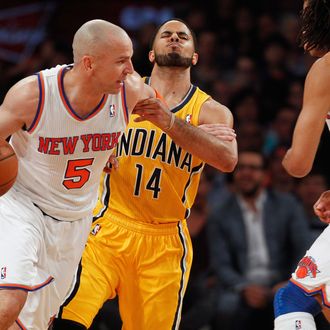 Jason Kidd #5 of the New York Knicks drives by D.J. Augustin #14 of the Indiana Pacers during Game Two of the Eastern Conference Semifinals of the 2013 NBA Playoffs at Madison Square Garden on May 7, 2013 in New York City.