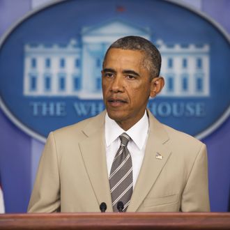 US President Barack Obama speaks in the Brady Press Briefing Room at the White House in Washington, DC, August 28, 2014. Obama said that because of airstrikes ISIS is losing arms and equipment.