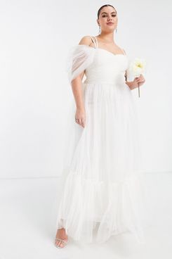 Lace & Beads Plus Bridal Cross Back Tulle Maxi Dress In Ivory
