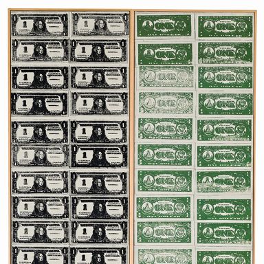 Andy Warhol
One Dollar Bills, 1962
Acrylic and silkscreen ink on canvas, in two parts
Each: 210.2 x 48.3 cm.