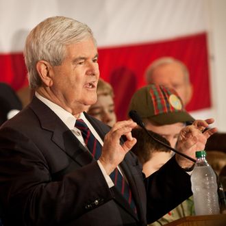 CHARLESTON, SC - JANUARY 20: Republican presidential candidate, former Speaker of the House Newt Gingrich speaks at a campaign event onboard the decommissioned aircraft carrier USS Yorktown on January 20, 2012 in Charleston, South Carolina. Voters go to the polls January 21 in the Republican South Carolina primary. (Photo by Richard Ellis/Getty Images)