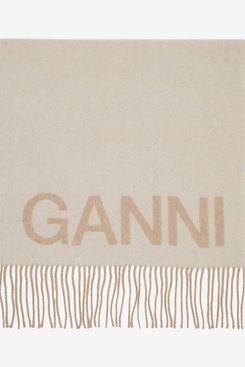 GANNI Beige Fringe Logo Scarf