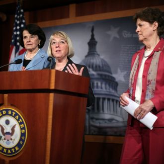 WASHINGTON, DC - APRIL 18: U.S. Sen. Patty Murray (D-WA) (C) speaks as Sen. Jeanne Shaheen (D-NH) (R) and Sen. Dianne Feinstein (D-CA) (L) listen during a news conference April 18, 2012 on Capitol Hill in Washington, DC. The senators held a news conference to call on the reauthorization of the Violence Against Women Act. (Photo by Alex Wong/Getty Images)
