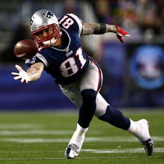 Aaron Hernandez #81 of the New England Patriots misses a catch against the Baltimore Ravens during the 2013 AFC Championship game at Gillette Stadium on January 20, 2013 in Foxboro, Massachusetts. 