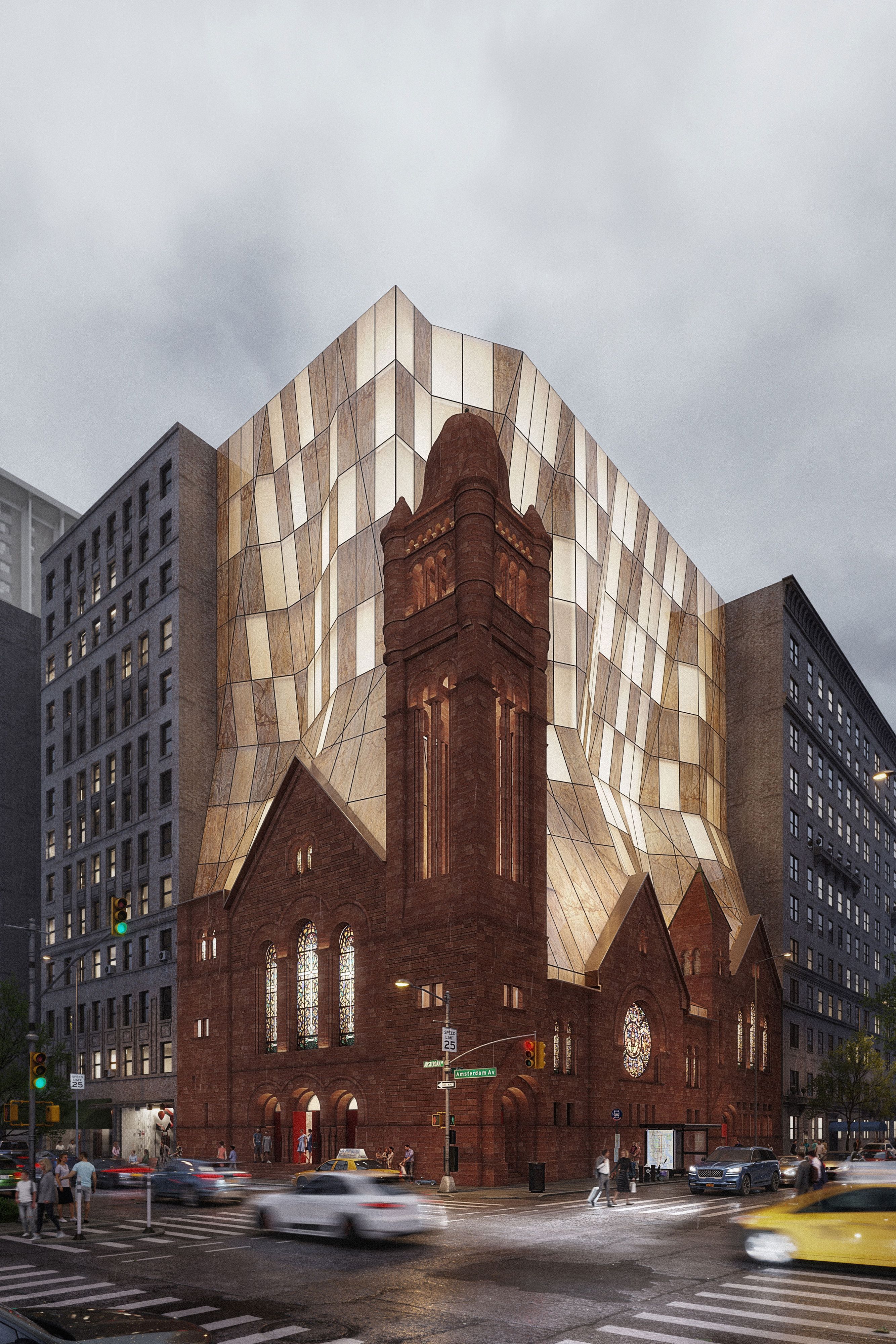 Option No. 3 is the one that does the most with the site: filling the negative space above the roof with glass-enclosed apartments.