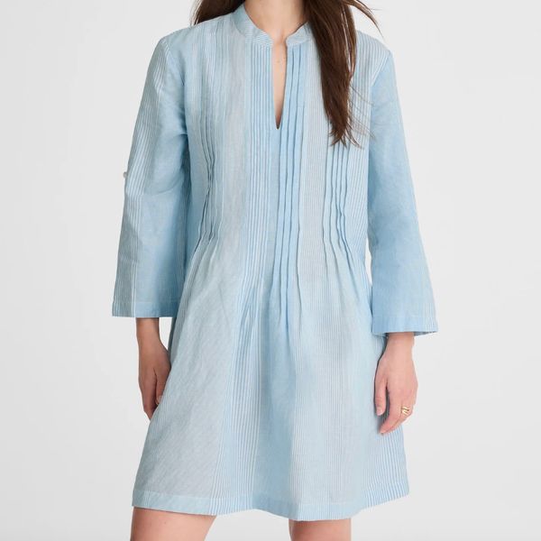 Madewell Pleated Splitneck Mini Shirtdress in Stripe