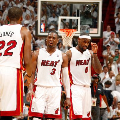 James Jones #22, Dwyane Wade #3 and LeBron James #6 of the Miami Heat during the game against the Boston Celtics in Game Five of the Eastern Conference Finals during the 2012 NBA Playoffs on June 5, 2012 at American Airlines Arena in Miami, Florida. 