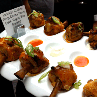 Lancaster chicken wings with Siracha-honey glaze and Maytag blue dressing.