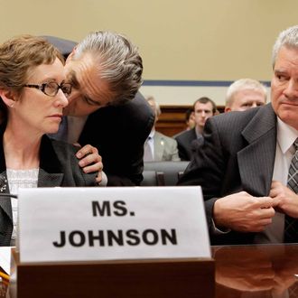 WASHINGTON, DC - APRIL 16: Former Government Services Administration head Martha Johnson (L) hears from her attorney as Jeff Neely, regional commissioner for the General Services Administration's Public Buildings Service Pacific Rim Region, looks on before a hearing of the House Oversight and Government Reform Committee on Capitol Hill April 16, 2012 in Washington, DC. Johnson recently resigned from the GSA after an investigation revealed the agency, with Neely in the lead, spent about $823,000 on a 2010 Las Vegas convention for 300 employees, including thousands of dollars spent on items such as a commemorative coin set, a mind reader, a comedian and a clown. Six other officials have resigned, been fired or suspended in the wake of the scandal. (Photo by Chip Somodevilla/Getty Images)