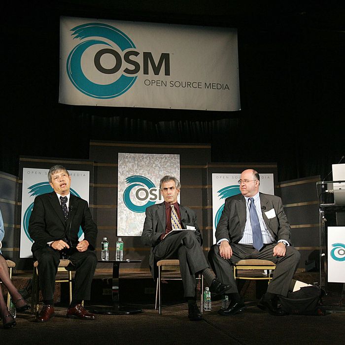 NEW YORK - NOVEMBER 16: (L-R) In this handout image provided by Open Source Media, a panel of journalists and bloggers, including Claudia Rosett, Richard Fernandez, David Corn, John Podhoretz and Larry Kudlow, speak about the future and interaction of their media during the Open Source Media conference November 16, 2005 in New York City. The conference, with journalist Judith Miller as the keynote speaker, features discussions on the future of blogging and journalism. Open Source Media is a new online media company that brings together online journalists, commentators and bloggers to foster open exchange as well as discussion. (Photo by Seth Wenig/Open Source Media via Getty Images)