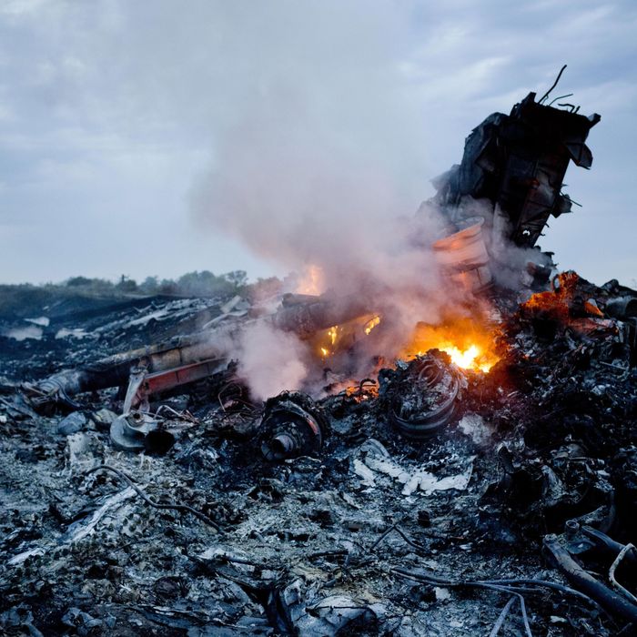 Debris from Malaysia Airlines Flight 370 is shown smouldering in a field July 17, 2014 in Grabovo, Ukraine near the Russian border. Flight 370, on its way from Amsterdam to Kuala Lumpur and carrying 295 passengers and crew, is believed to have been shot down by a surface-to-air missile, according to U.S. intelligence officials Ukrainian authorities quoted in published reports. The area is under control of pro-Russian militias. 