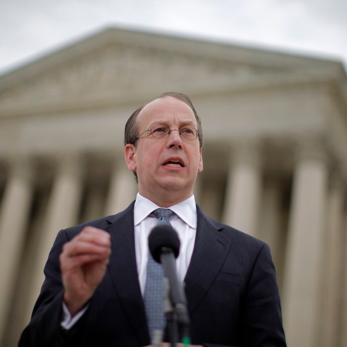 Paul Clement, a lawyer for 26 states seeking to have the Patient Protection and Affordable Care Act tossed out in its entirety, speaks to reporters in front of the Supreme Court in Washington, Wednesday, March 28, 2012, at the end of arguments regarding the health care law signed by President Barack Obama. (AP Photo/Charles Dharapak)