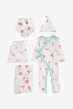 Petit Peony Georgia’s Peaches Romper, Hat, Bib & Swaddle Gift Set