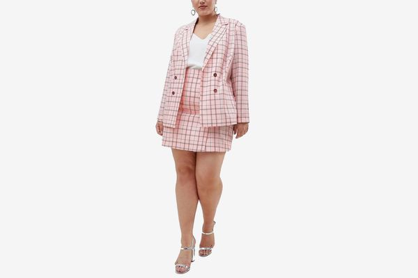 UNIQUE21 hero plus longline double breasted blazer in pink check two-piece