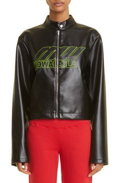 Mowalola Perforated-Logo Faux-Leather Biker Jacket