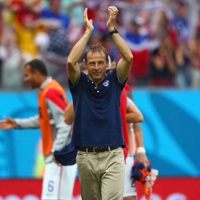 Head coach Jurgen Klinsmann of the United States acknowledges the fans after being defeated by Germany 1-0 during the 2014 FIFA World Cup Brazil group G match between the United States and Germany at Arena Pernambuco on June 26, 2014 in Recife, Brazil. 