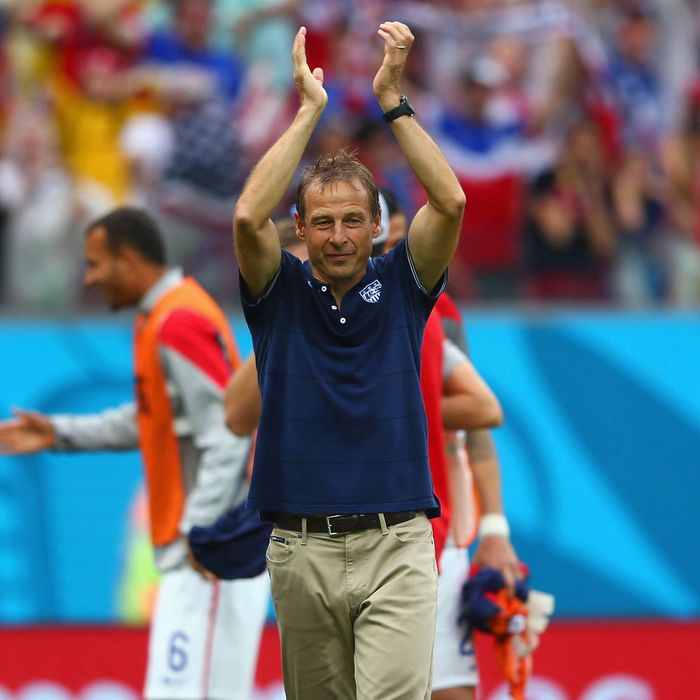 Head coach Jurgen Klinsmann of the United States acknowledges the fans after being defeated by Germany 1-0 during the 2014 FIFA World Cup Brazil group G match between the United States and Germany at Arena Pernambuco on June 26, 2014 in Recife, Brazil.