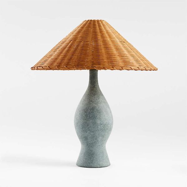 Crate & Barrel Courbe Green Ceramic Table Lamp With Rattan Shade by Athena Calderone