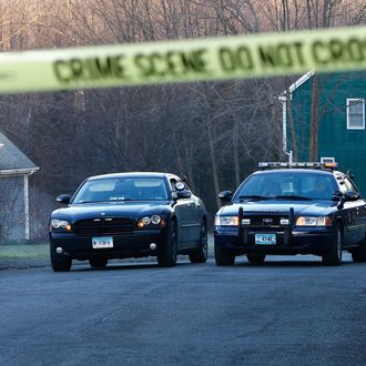 NEWTOWN, CT - DECEMBER 15: Newtown police officers watch over the blocked off section of Yogananda Street on Saturday morning, where the the mother of Adam Lanza, the alleged shooter, was killed at her home on Friday in Newtown, Connecticut. Twenty six people were shot dead, including twenty children, after a gunman identified as Adam Lanza opened fire at Sandy Hook Elementary School. Lanza also reportedly had committed suicide at the scene. A 28th person, believed to be Nancy Lanza was found dead in a house in town, was also believed to have been shot by Adam Lanza. (Photo by Jared Wickerham/Getty Images)